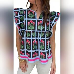 NEW Floral Peplum Babydoll Top Boho V-Neck Size Large